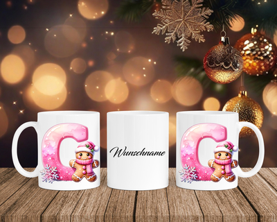 Personalisierte Keramik-Tasse in Weiß-mit Lebkuchen Pink-Alphabet & Namen