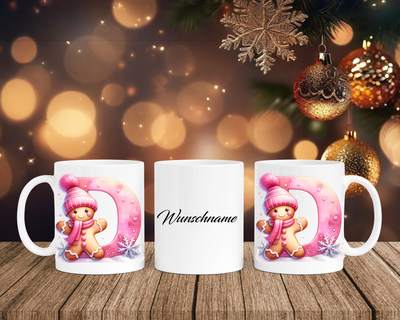 Personalisierte Keramik-Tasse in Weiß-mit Lebkuchen Pink-Alphabet & Namen