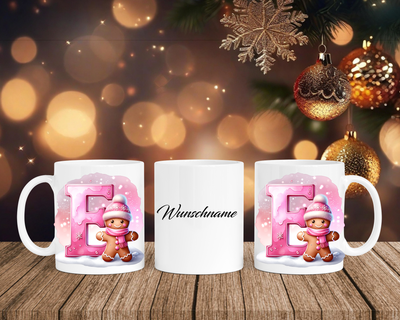 Personalisierte Keramik-Tasse in Weiß-mit Lebkuchen Pink-Alphabet & Namen