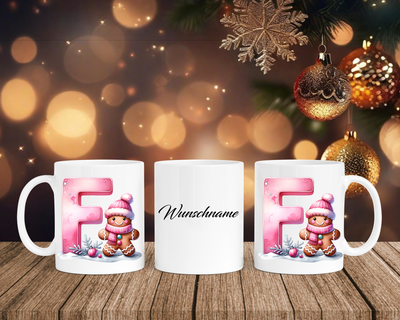 Personalisierte Keramik-Tasse in Weiß-mit Lebkuchen Pink-Alphabet & Namen
