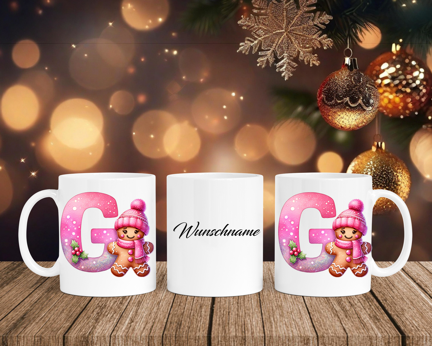 Personalisierte Keramik-Tasse in Weiß-mit Lebkuchen Pink-Alphabet & Namen