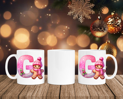 Personalisierte Keramik-Tasse in Weiß-mit Lebkuchen Pink-Alphabet & Namen