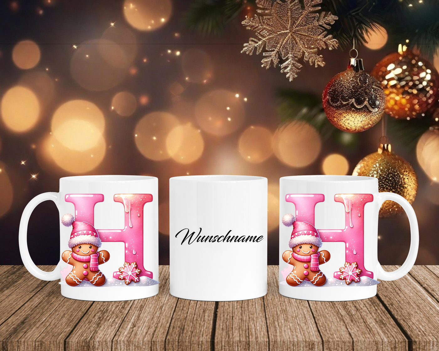 Personalisierte Keramik-Tasse in Weiß-mit Lebkuchen Pink-Alphabet & Namen