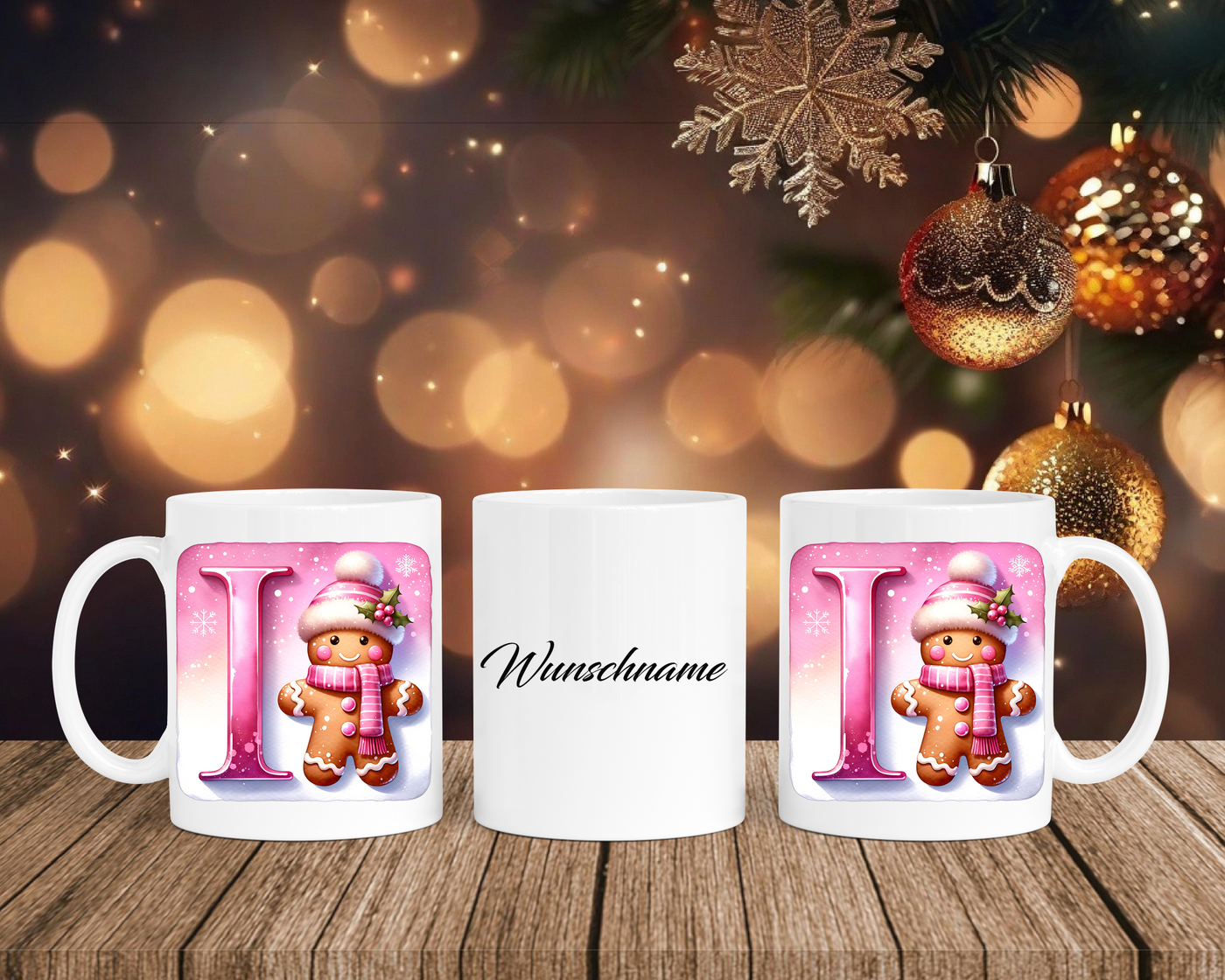 Personalisierte Keramik-Tasse in Weiß-mit Lebkuchen Pink-Alphabet & Namen