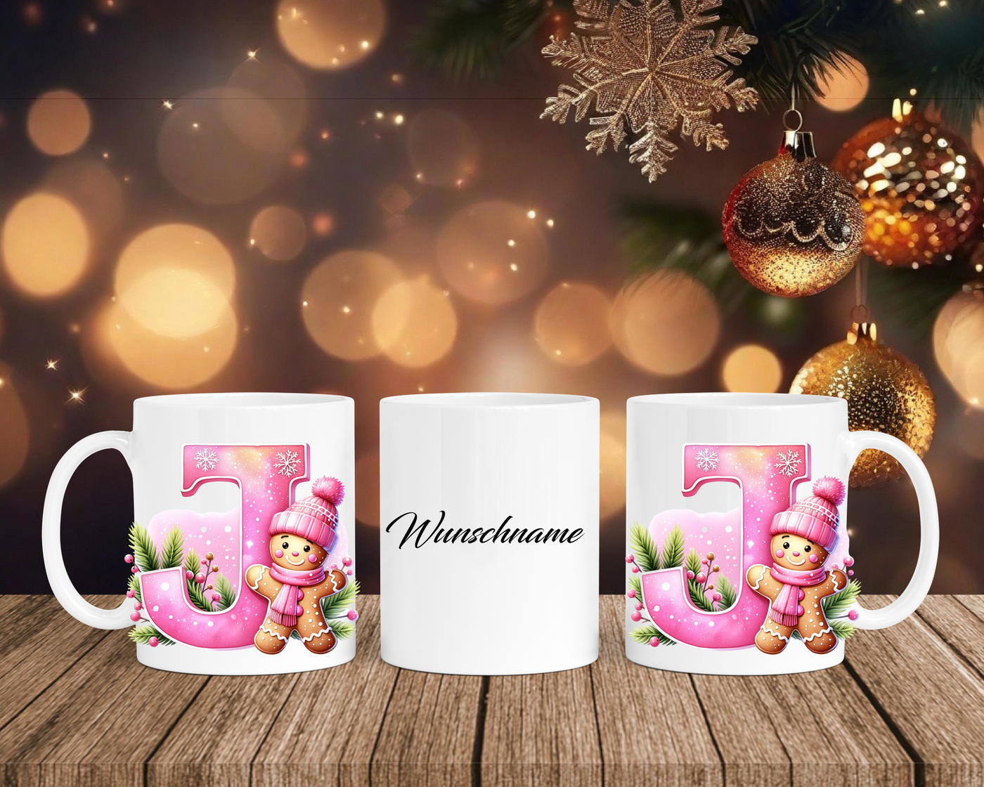 Personalisierte Keramik-Tasse in Weiß-mit Lebkuchen Pink-Alphabet & Namen