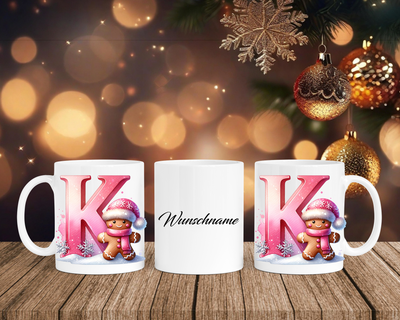 Personalisierte Keramik-Tasse in Weiß-mit Lebkuchen Pink-Alphabet & Namen