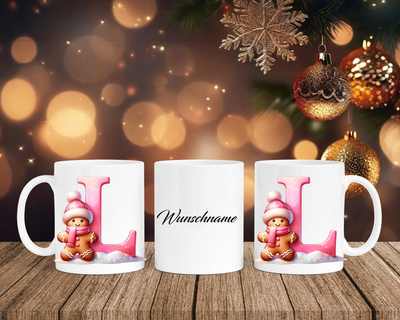 Personalisierte Keramik-Tasse in Weiß-mit Lebkuchen Pink-Alphabet & Namen