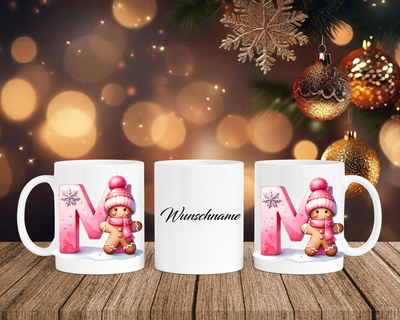 Personalisierte Keramik-Tasse in Weiß-mit Lebkuchen Pink-Alphabet & Namen