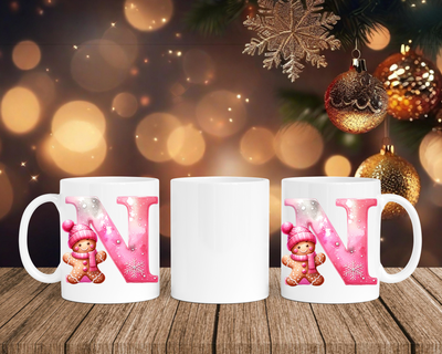 Personalisierte Keramik-Tasse in Weiß-mit Lebkuchen Pink-Alphabet & Namen