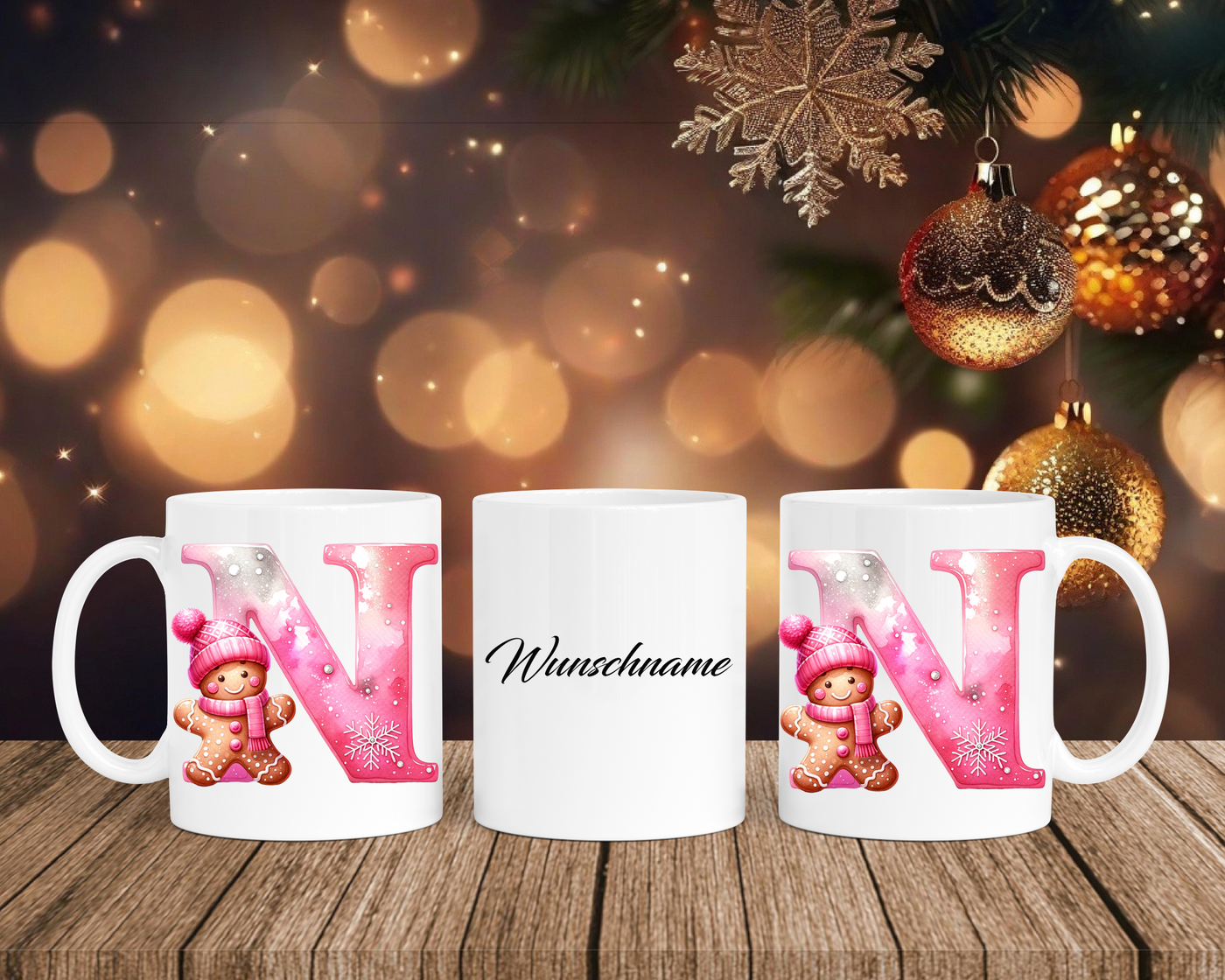 Personalisierte Keramik-Tasse in Weiß-mit Lebkuchen Pink-Alphabet & Namen