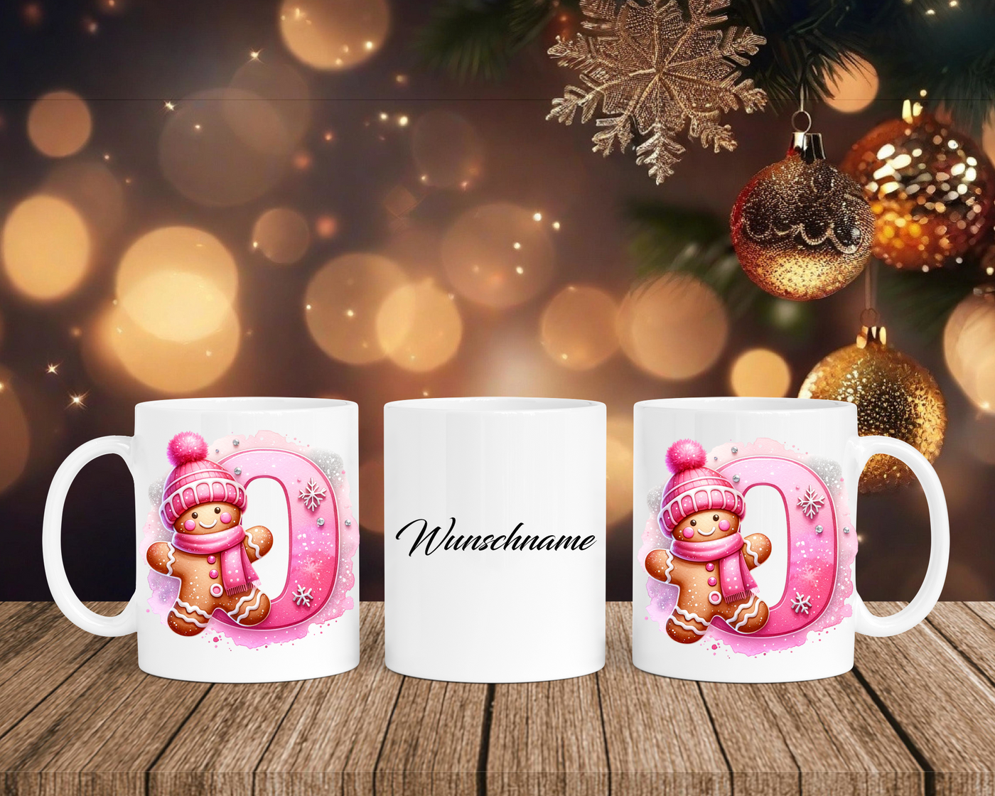 Personalisierte Keramik-Tasse in Weiß-mit Lebkuchen Pink-Alphabet & Namen