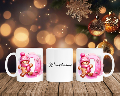 Personalisierte Keramik-Tasse in Weiß-mit Lebkuchen Pink-Alphabet & Namen