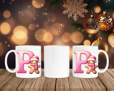 Personalisierte Keramik-Tasse in Weiß-mit Lebkuchen Pink-Alphabet & Namen