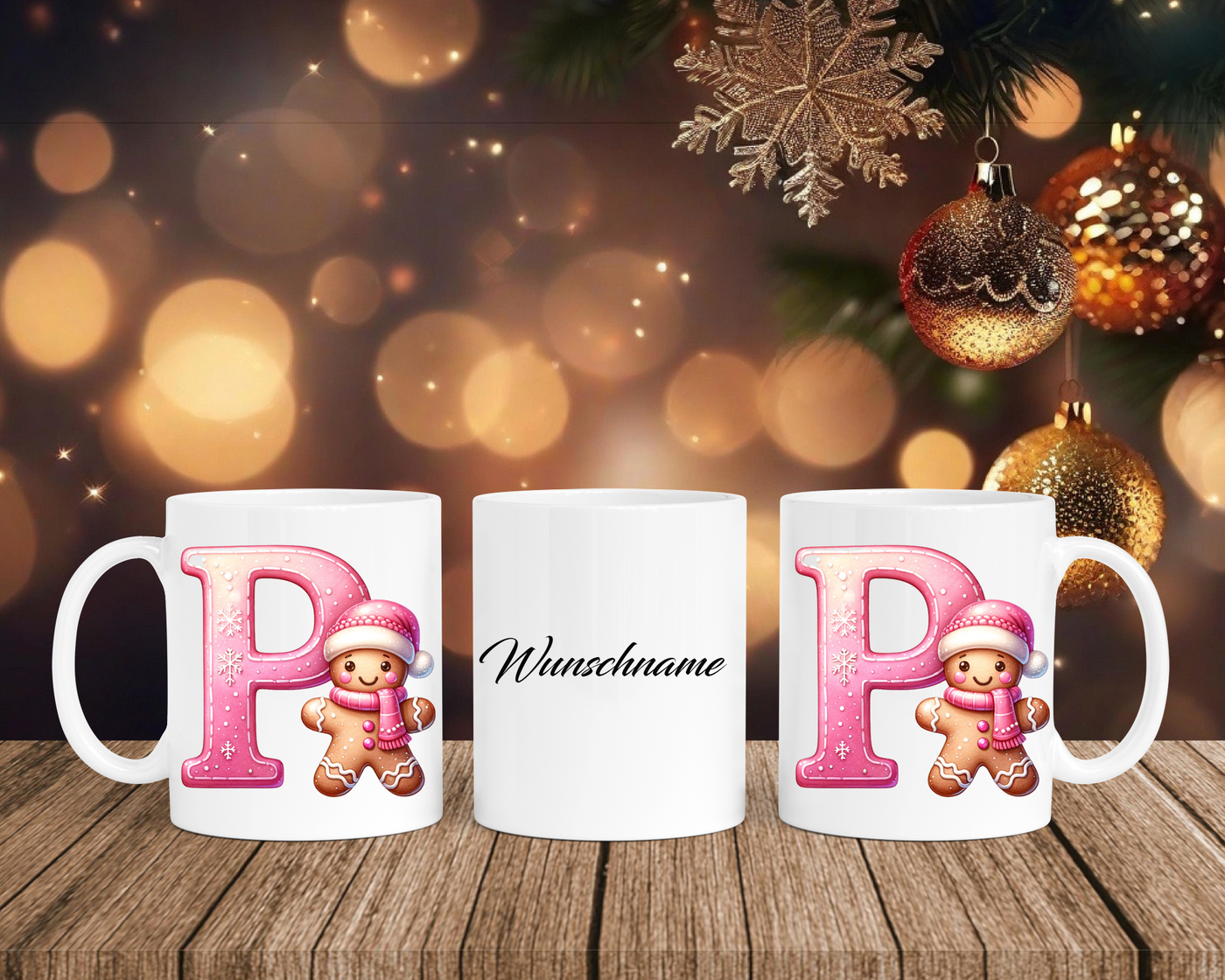 Personalisierte Keramik-Tasse in Weiß-mit Lebkuchen Pink-Alphabet & Namen