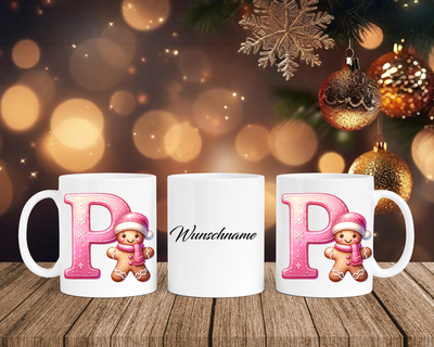 Personalisierte Keramik-Tasse in Weiß-mit Lebkuchen Pink-Alphabet & Namen