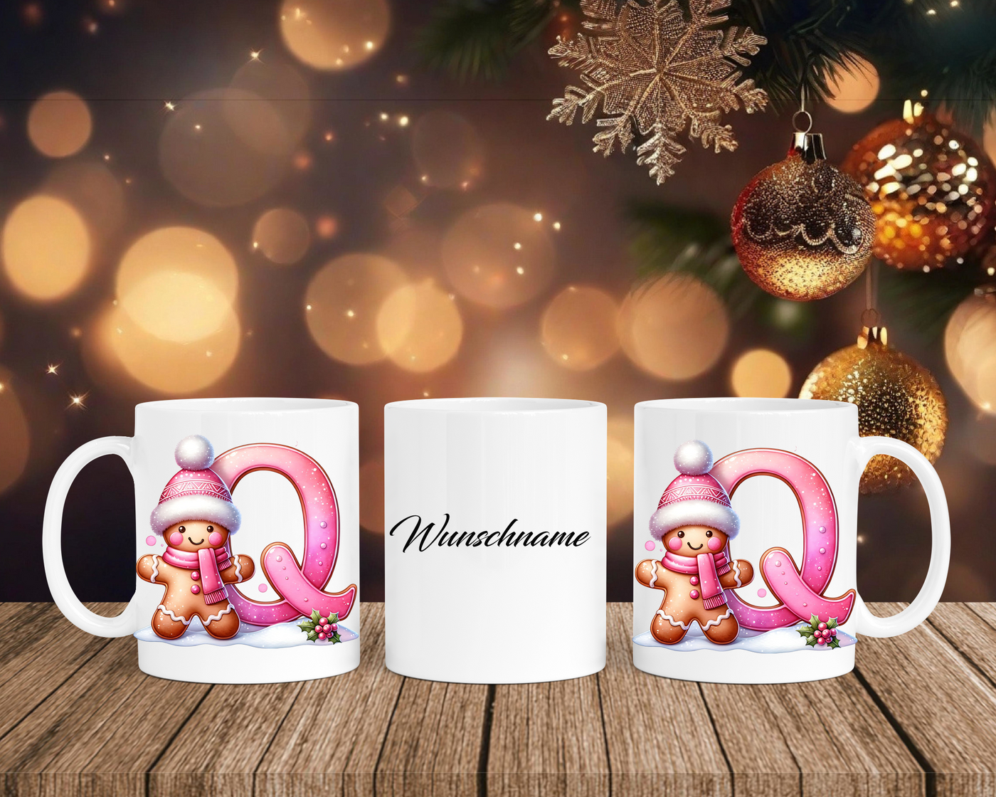 Personalisierte Keramik-Tasse in Weiß-mit Lebkuchen Pink-Alphabet & Namen