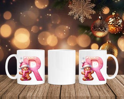 Personalisierte Keramik-Tasse in Weiß-mit Lebkuchen Pink-Alphabet & Namen