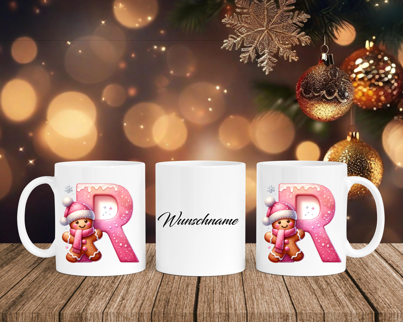 Personalisierte Keramik-Tasse in Weiß-mit Lebkuchen Pink-Alphabet & Namen