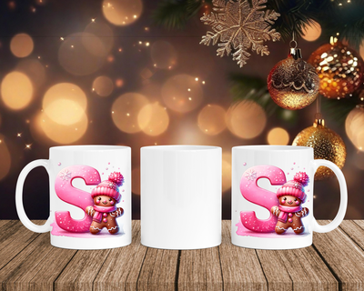 Personalisierte Keramik-Tasse in Weiß-mit Lebkuchen Pink-Alphabet & Namen