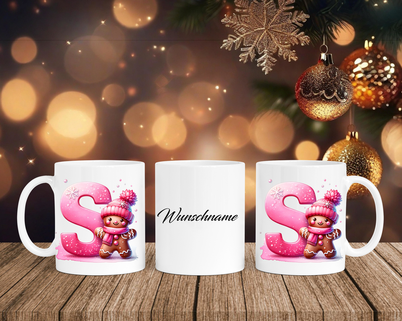 Personalisierte Keramik-Tasse in Weiß-mit Lebkuchen Pink-Alphabet & Namen