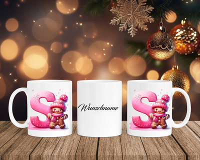 Personalisierte Keramik-Tasse in Weiß-mit Lebkuchen Pink-Alphabet & Namen