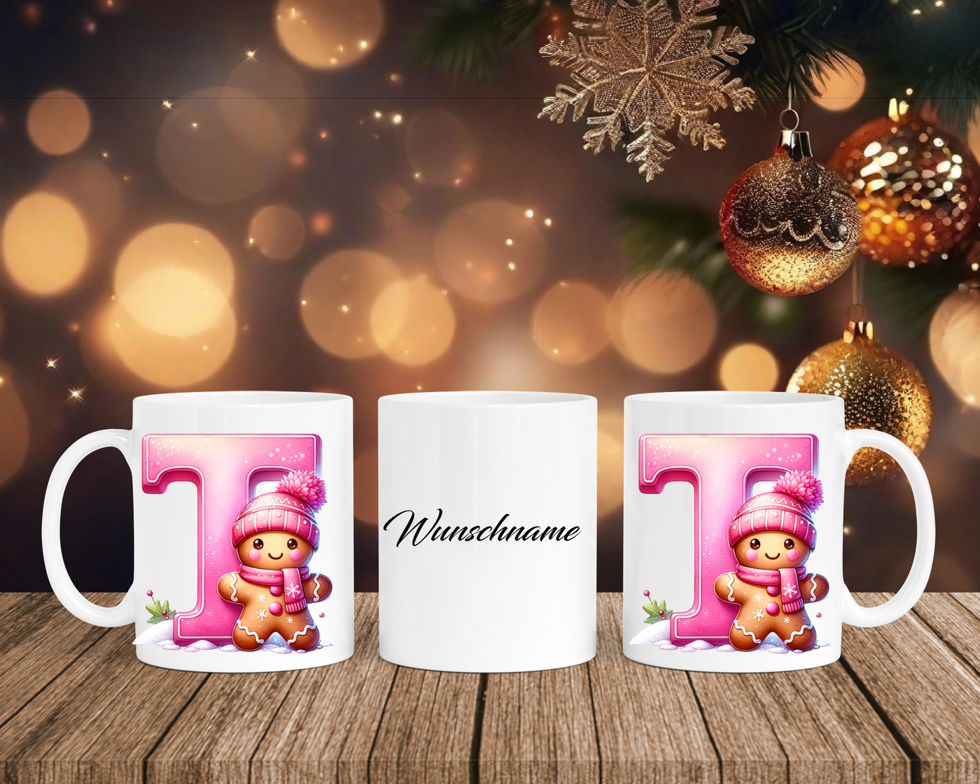 Personalisierte Keramik-Tasse in Weiß-mit Lebkuchen Pink-Alphabet & Namen