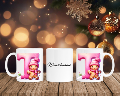 Personalisierte Keramik-Tasse in Weiß-mit Lebkuchen Pink-Alphabet & Namen