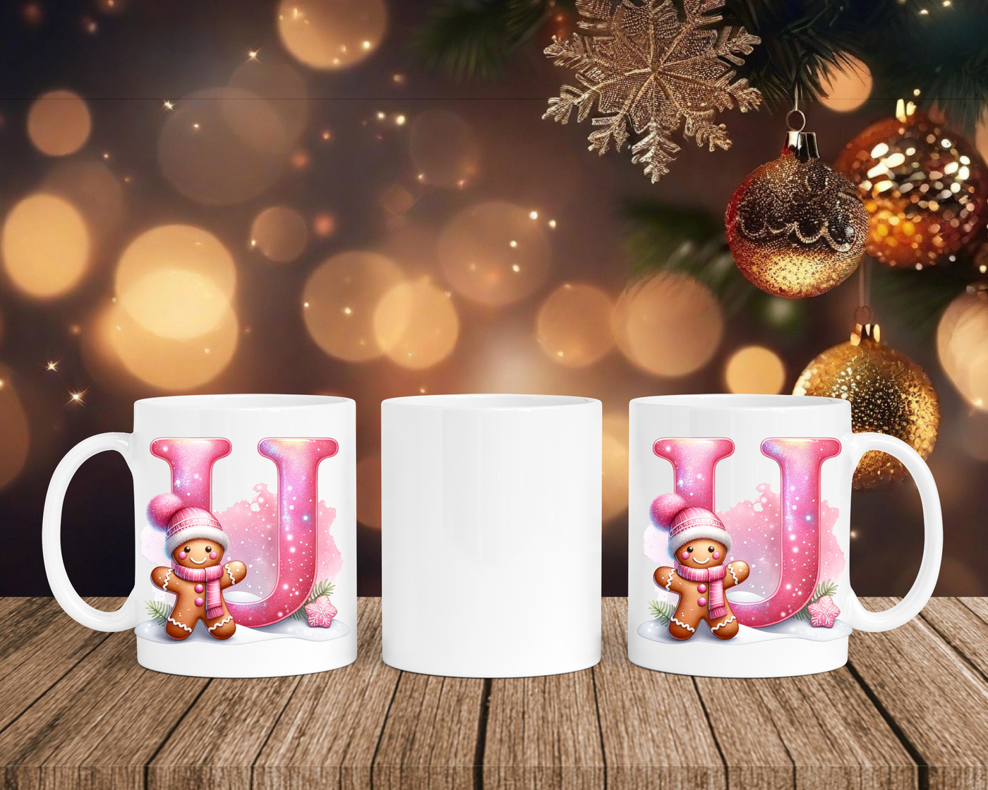 Personalisierte Keramik-Tasse in Weiß-mit Lebkuchen Pink-Alphabet & Namen