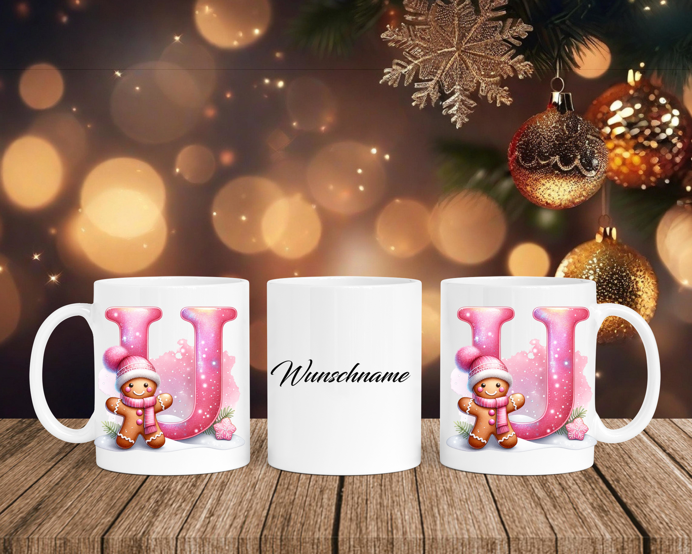 Personalisierte Keramik-Tasse in Weiß-mit Lebkuchen Pink-Alphabet & Namen