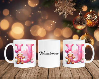 Personalisierte Keramik-Tasse in Weiß-mit Lebkuchen Pink-Alphabet & Namen