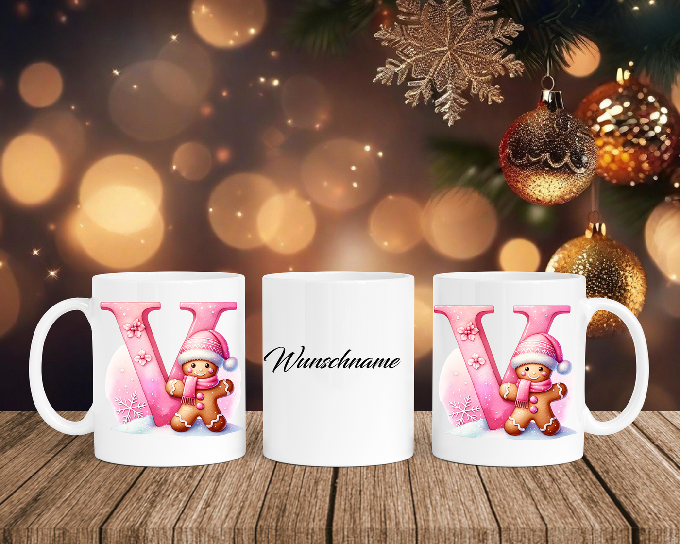 Personalisierte Keramik-Tasse in Weiß-mit Lebkuchen Pink-Alphabet & Namen