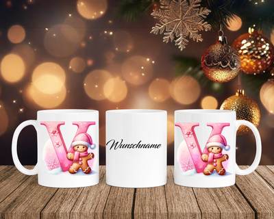 Personalisierte Keramik-Tasse in Weiß-mit Lebkuchen Pink-Alphabet & Namen