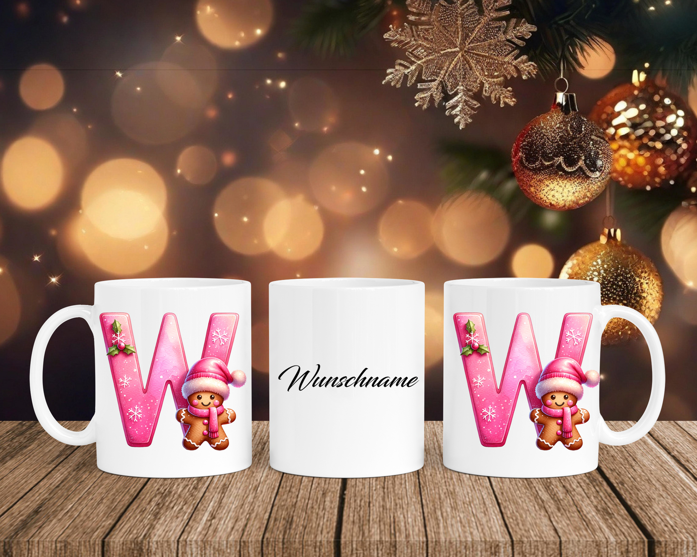 Personalisierte Keramik-Tasse in Weiß-mit Lebkuchen Pink-Alphabet & Namen