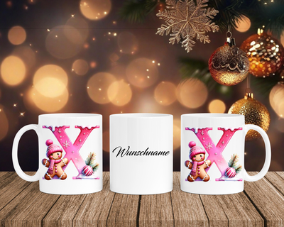 Personalisierte Keramik-Tasse in Weiß-mit Lebkuchen Pink-Alphabet & Namen