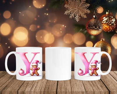 Personalisierte Keramik-Tasse in Weiß-mit Lebkuchen Pink-Alphabet & Namen