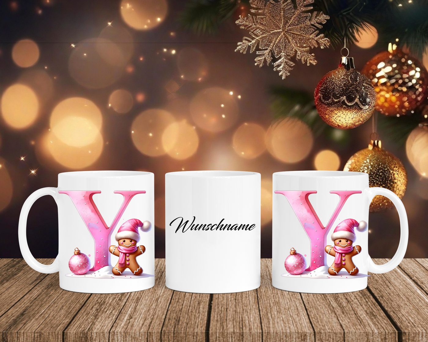 Personalisierte Keramik-Tasse in Weiß-mit Lebkuchen Pink-Alphabet & Namen
