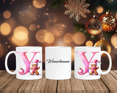 Personalisierte Keramik-Tasse in Weiß-mit Lebkuchen Pink-Alphabet & Namen