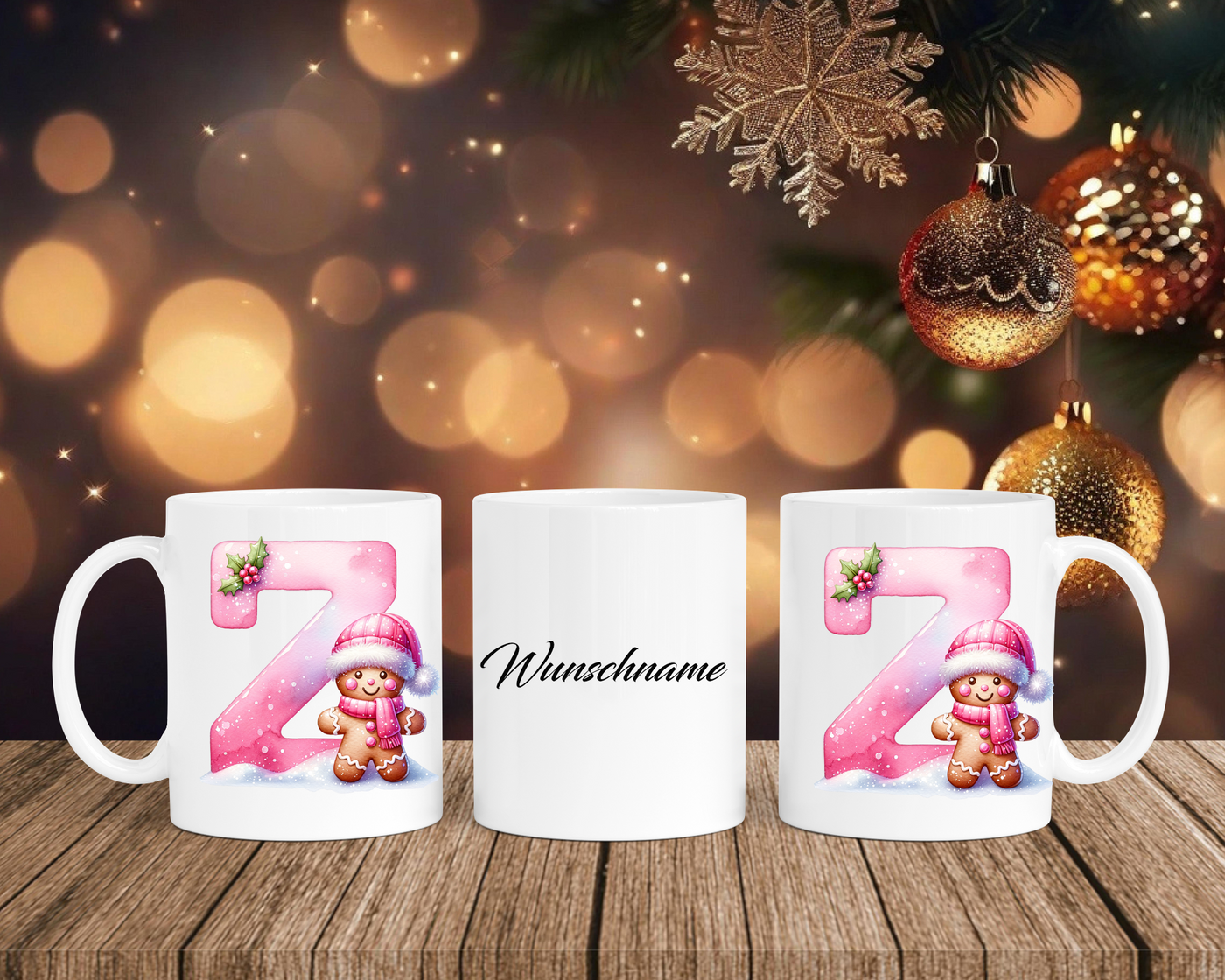 Personalisierte Keramik-Tasse in Weiß-mit Lebkuchen Pink-Alphabet & Namen