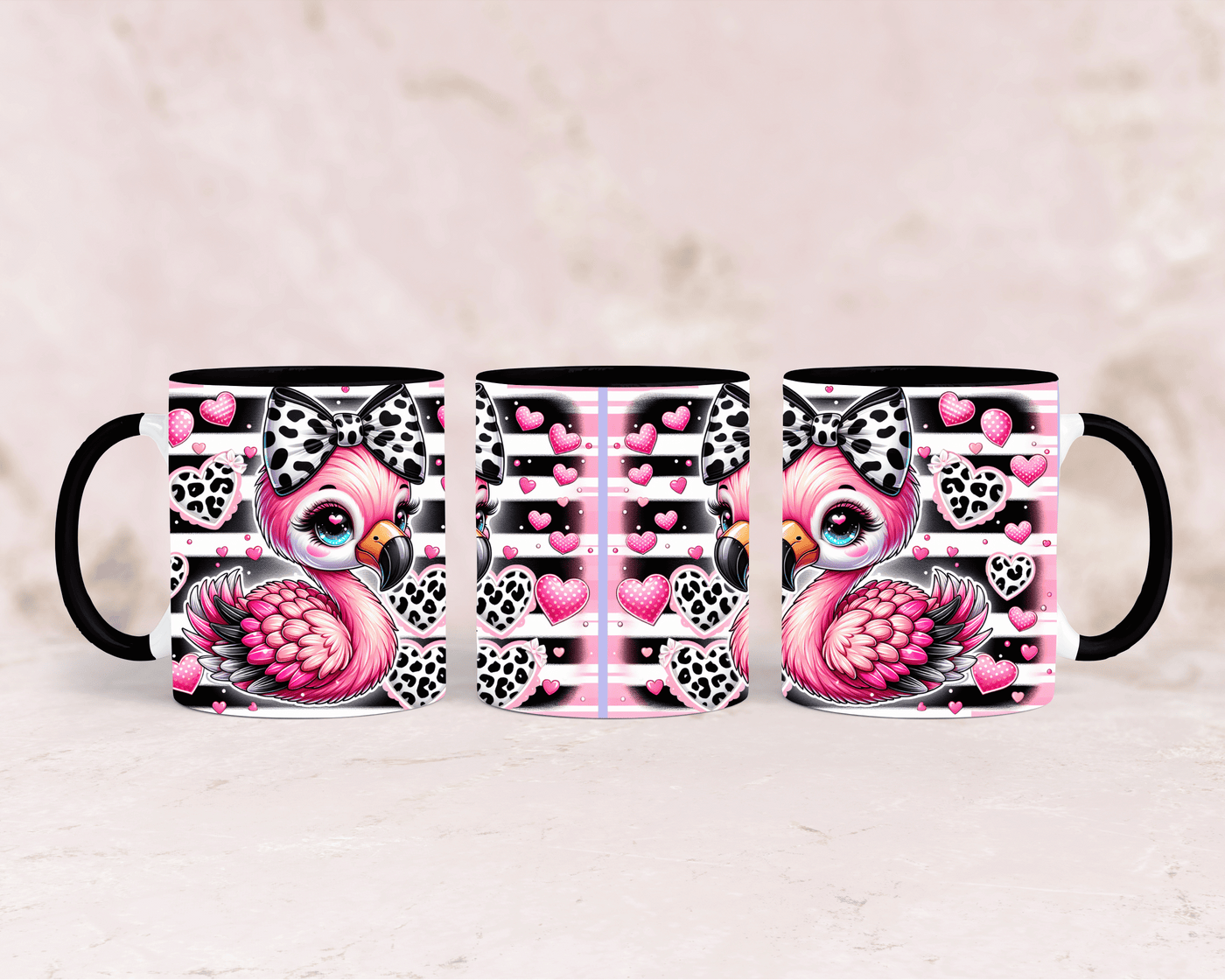 Tasse mit süßen Flamingo mit schwarzer Schleife