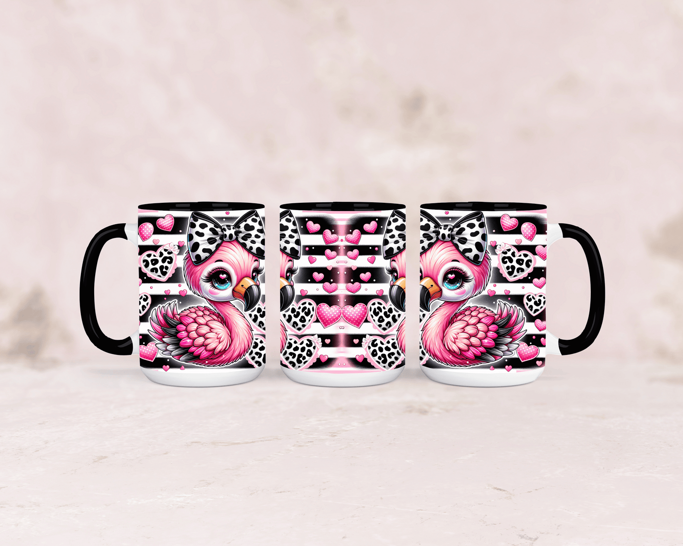 Tasse mit süßen Flamingo mit schwarzer Schleife
