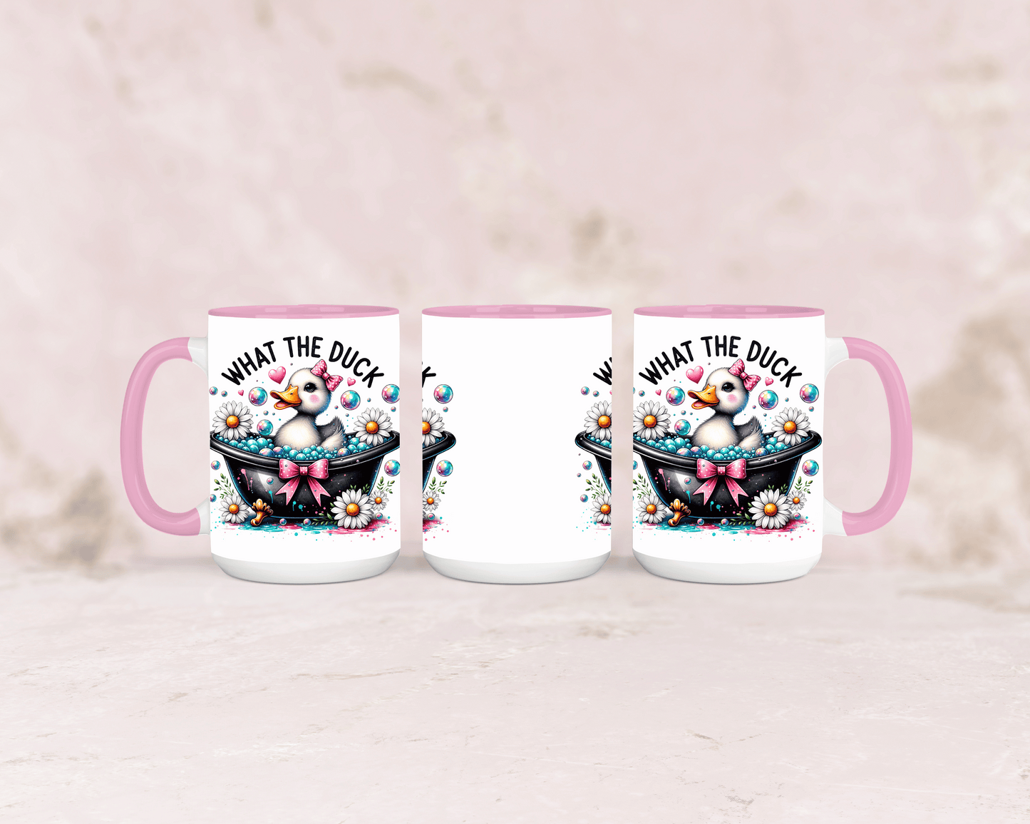 Tasse mit süßer Ente und dem Spruch „What the Duck 3“ – personalisierbar