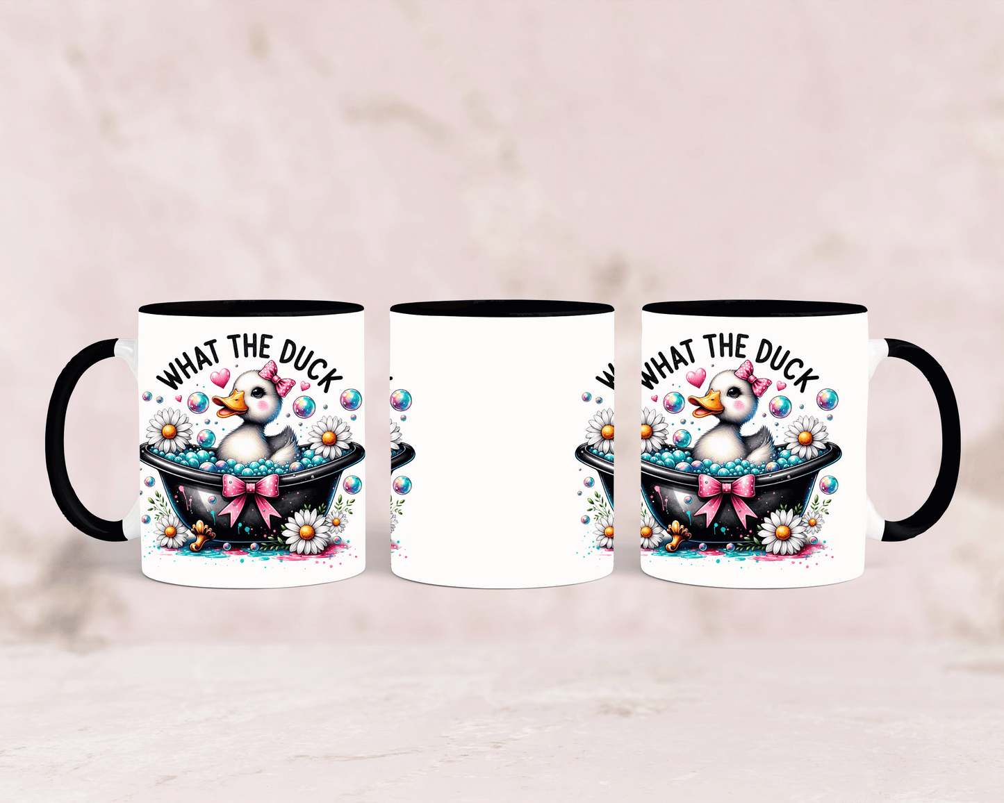 Tasse mit süßer Ente und dem Spruch „What the Duck 3“ – personalisierbar