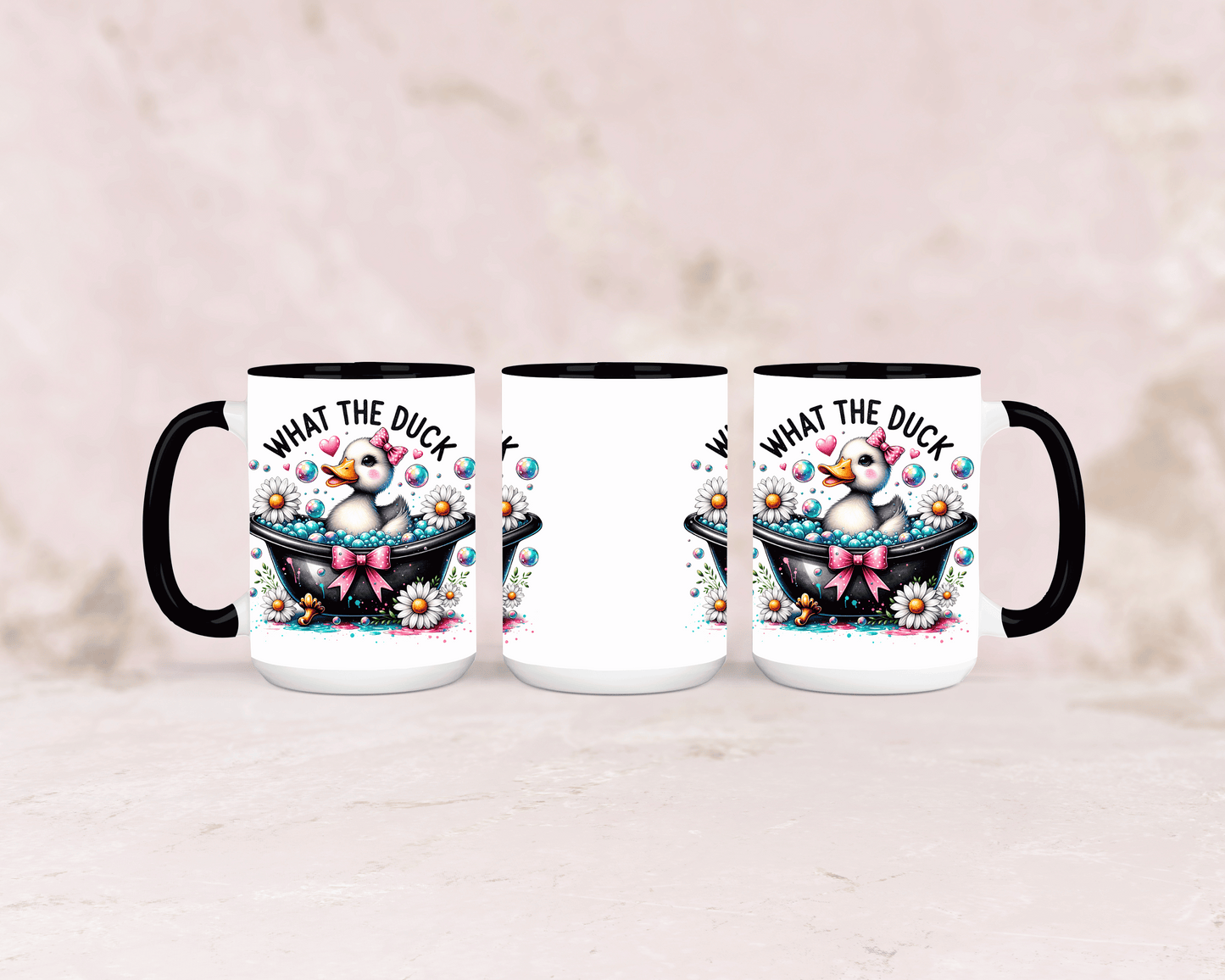 Tasse mit süßer Ente und dem Spruch „What the Duck 3“ – personalisierbar