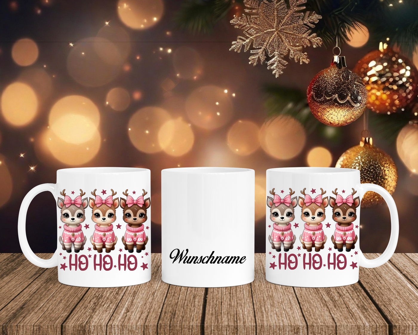 Christmas Renntiere mit Schleife - Tasse mit Bild – mit oder ohne Wunschname