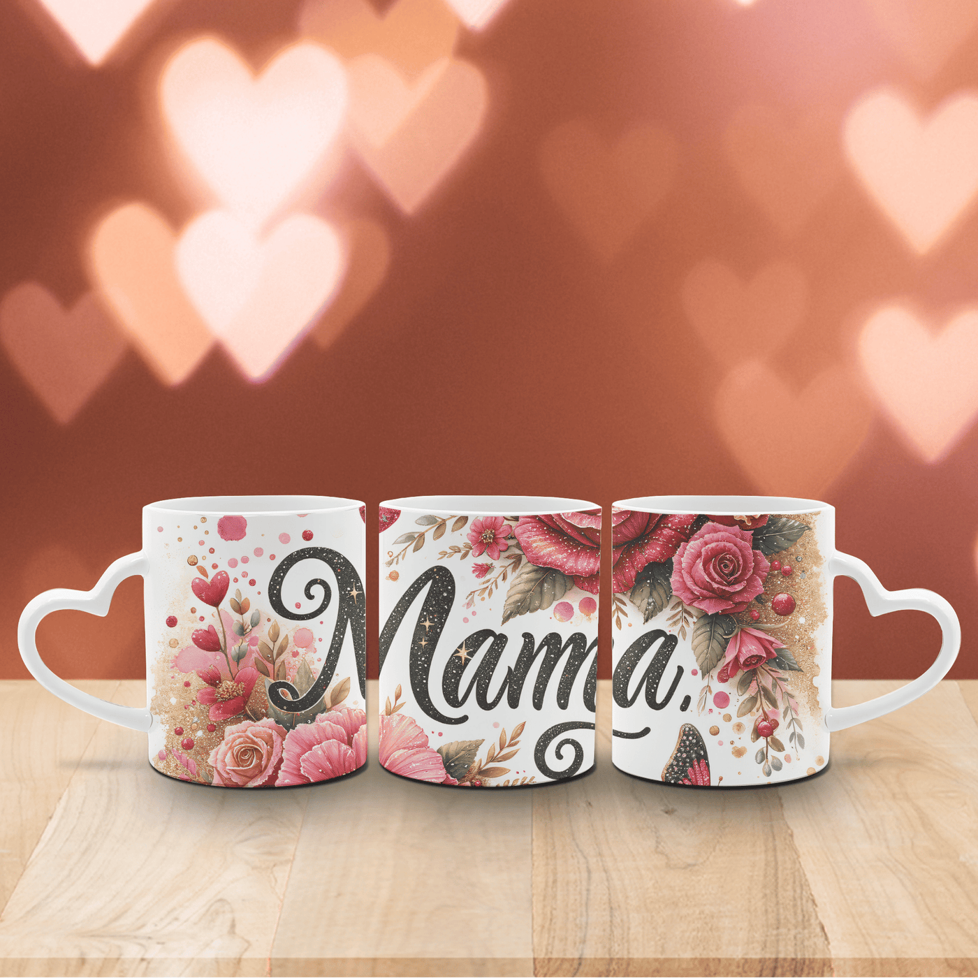 Tasse Weiß mit Herzhenkel Rosen, Herzen und Mama