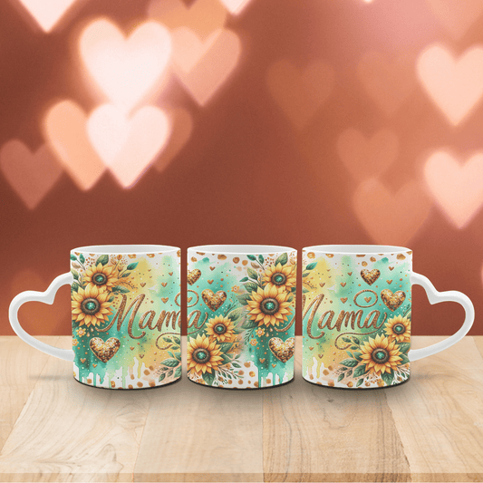 Tasse Weiß mit Herzhenkel Sonnenblume,Herzen und Mama