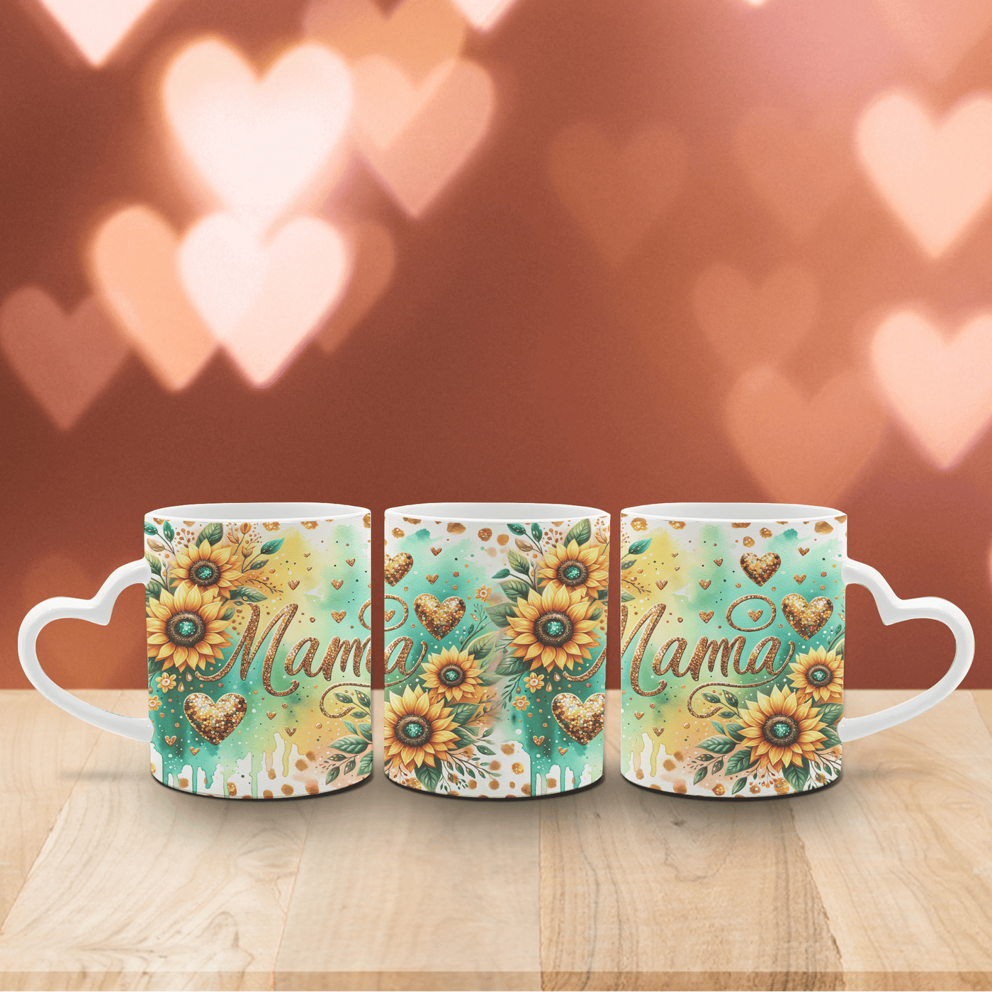 Tasse Weiß mit Herzhenkel Sonnenblume, Herzen und Mama