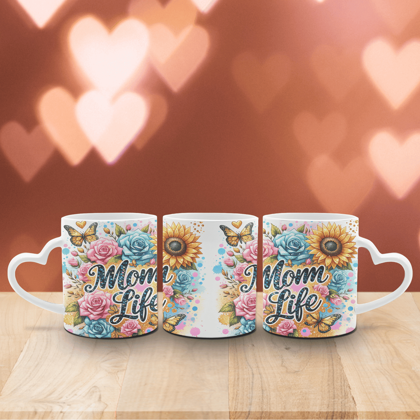 Tasse Weiß mit Herzhenkel Schmetterlinge, Sonnenblume  und Mom Life