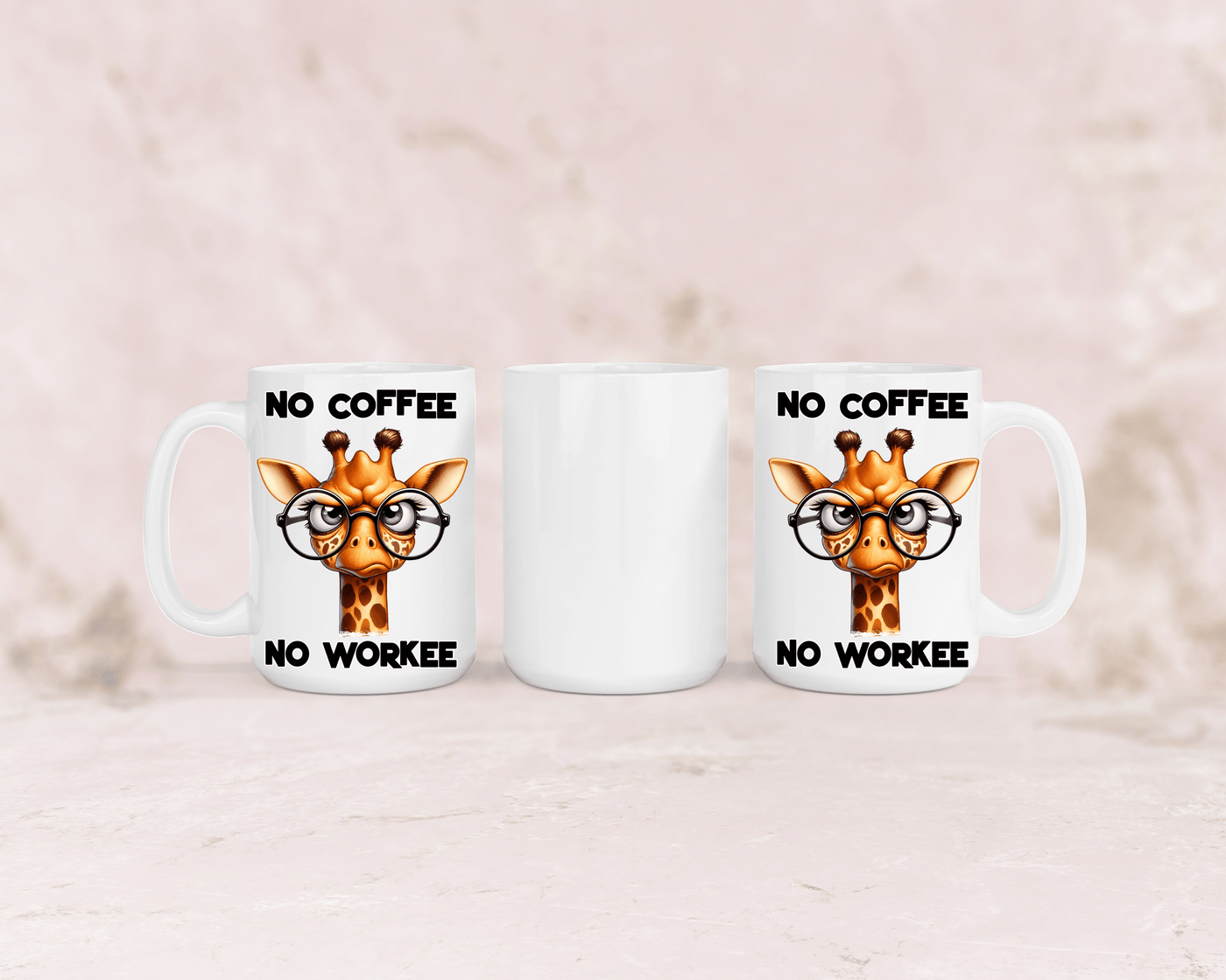 Tasse mit niedlicher Giraffe und dem Spruch „No Coffee No Workee“ – personalisierbar