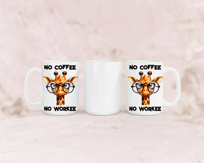 Tasse mit niedlicher Giraffe und dem Spruch „No Coffee No Workee“ – personalisierbar